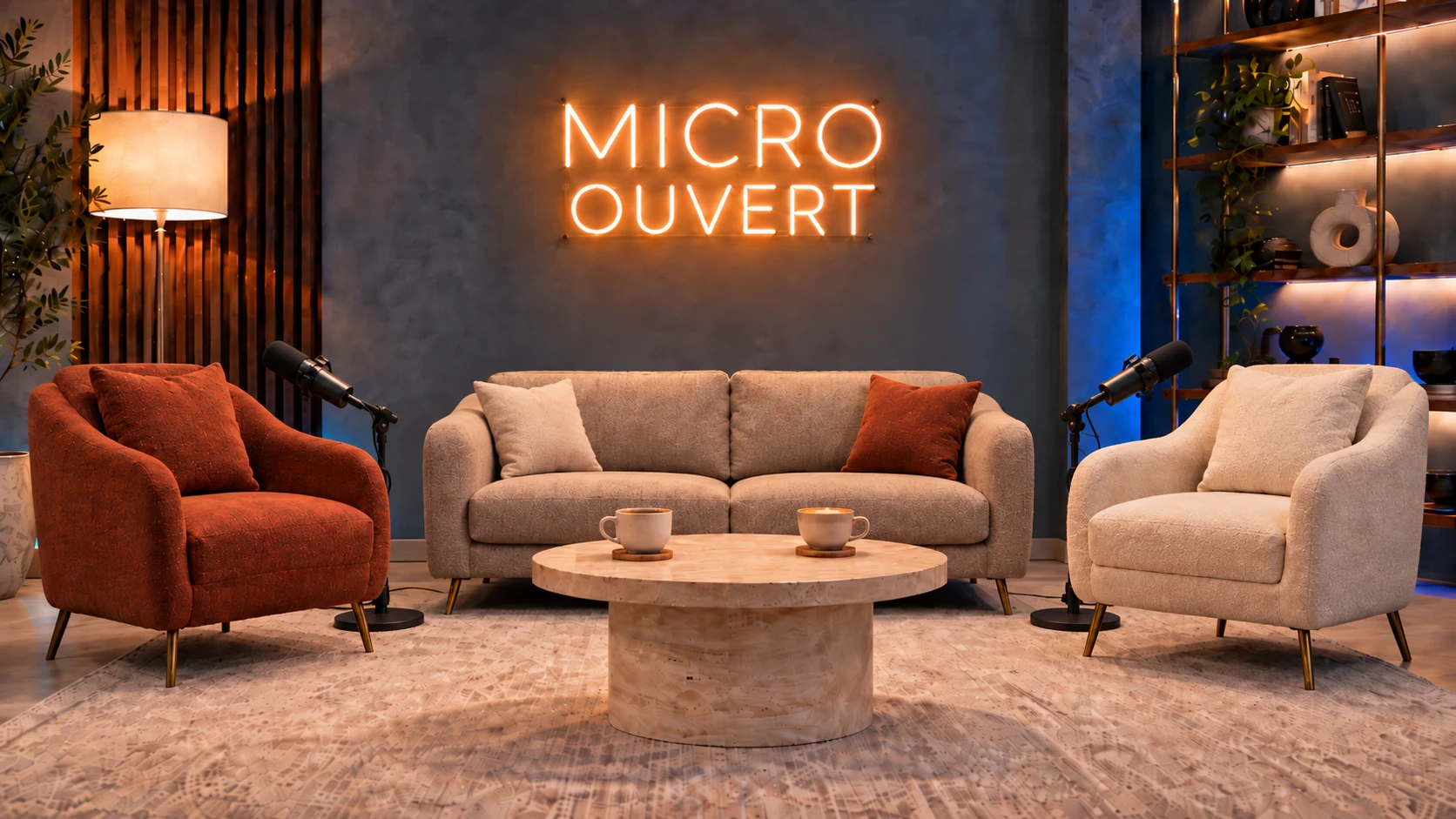 Plateau « Micro ouvert » avec canapé, fauteuils et enseigne néon